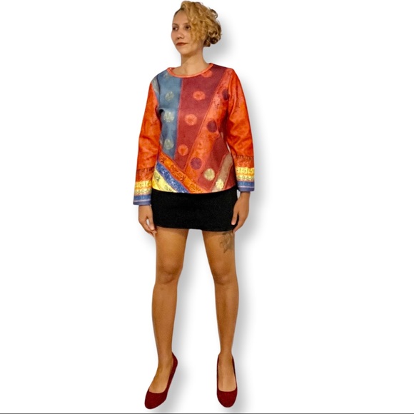 NWOT MISSLOOK Abstract Shapes Art Color Print W/ Long Bell Sleeves Tunic Size L - Picture 2 of 10